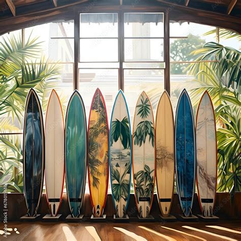 AI generated illustration of an oil painting of surfboards positioned ...