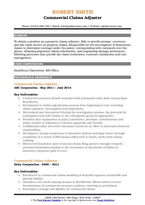 Commercial Claims Adjuster Resume Samples Qwikresume