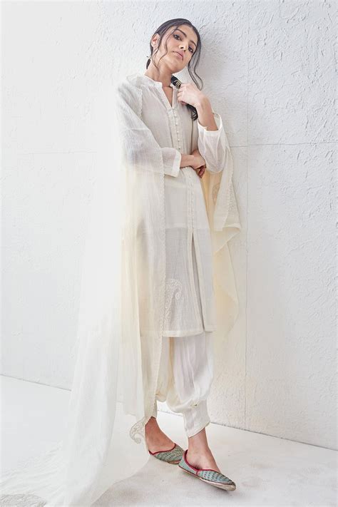 Buy Ivory Chanderi Embroidered Dori Work Round Kurta And Afghani Salwar