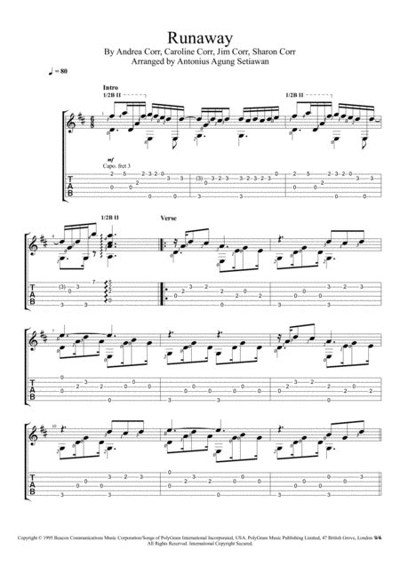 Runaway Arr Antonius Agung Setiawan Sheet Music The Corrs Guitar Tab