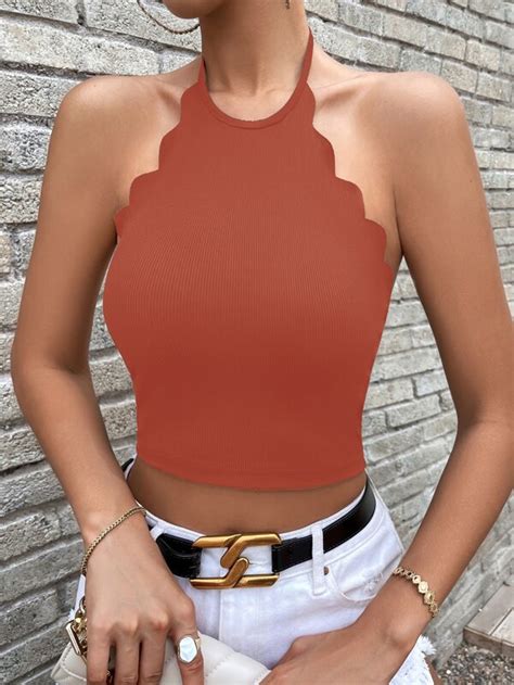 Scallop Trim Halter Top Shein Usa