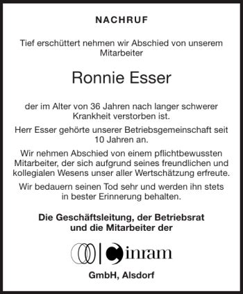 Traueranzeigen Von Ronnie Esser Aachen Gedenkt