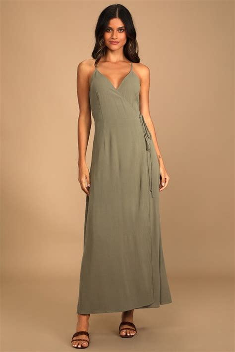 Olive Green Maxi Dress Maxi Wrap Dress Strappy Back Dress Lulus