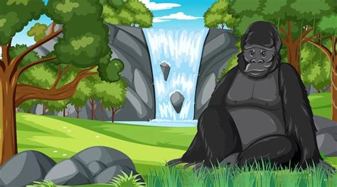 Free Vector Gorilla In Forest Or Rainforest Scene With Many Trees