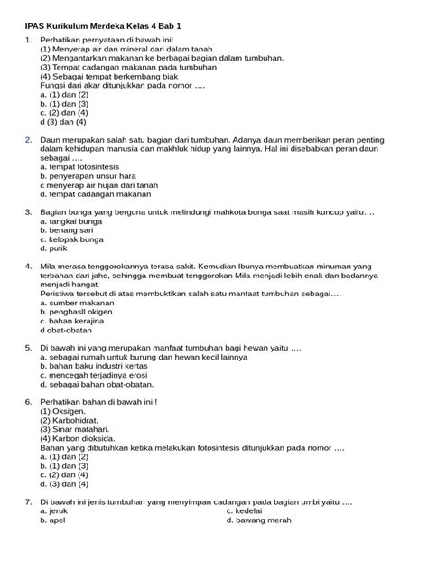 Soal Ipas Kurikulum Merdeka Kelas 4 Bab 1 Pdf