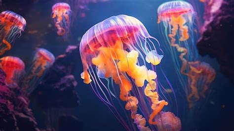 Premium Photo Vibrant Jellyfish Underwater Ballet In Deep Ocean