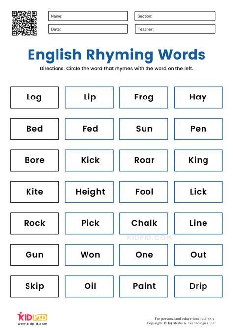 English Rhyming Words Worksheets For Grade 1 Kidpid