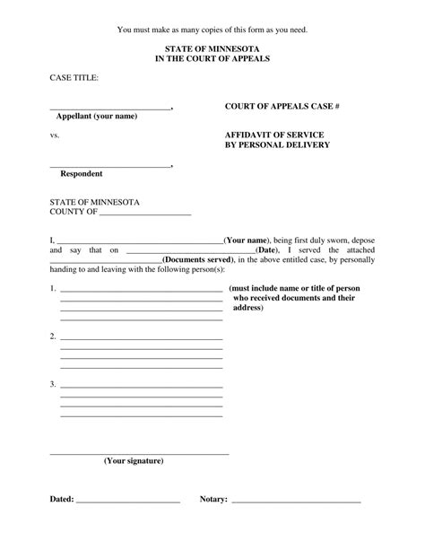 Minnesota Affidavit Of Service By Personal Delivery Fill Out Sign