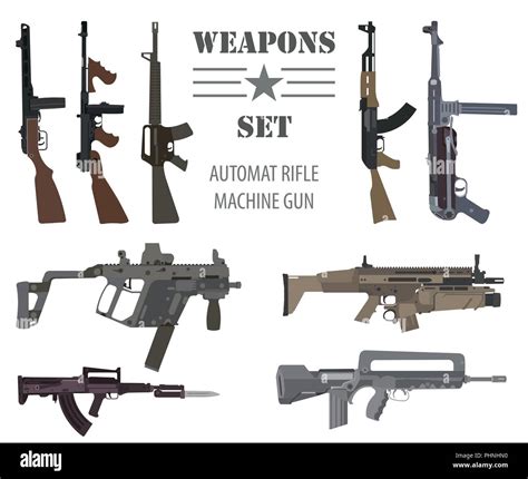 Firearm set. Automatic rifle, machine gun. Flat design. Vector ...