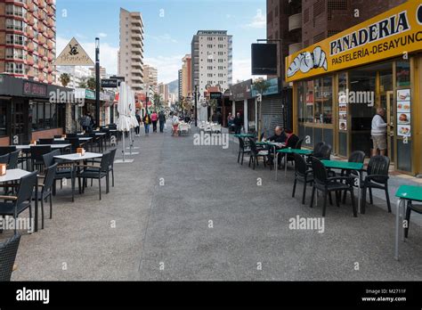 Benidorm New Town, Costa Blanca, Spain. Pedestrianised food street ...