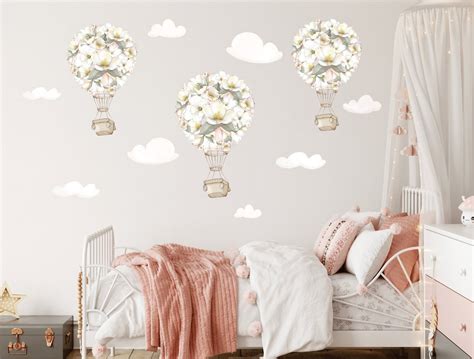 Hot Air Balloon Nursery Wall Decal Floral Air Balloon Whimsical Wall Sticker Baby Girl Room