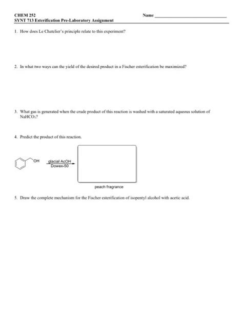 Solved Name Chem 252 Synt 713 Esterification Pre Laboratory