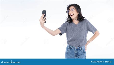 Panoramic Banner Image Of Beautiful Asian Woman Wearing Eyeglasses Holding Smart Mobile Phone