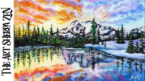 Snowy Mountain Sunset Lake Time Lapse Acrylic Painting Step By Step