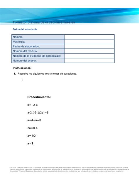 Formato Sistema Ecuaciones Lineales Uveg Formato Sistema De