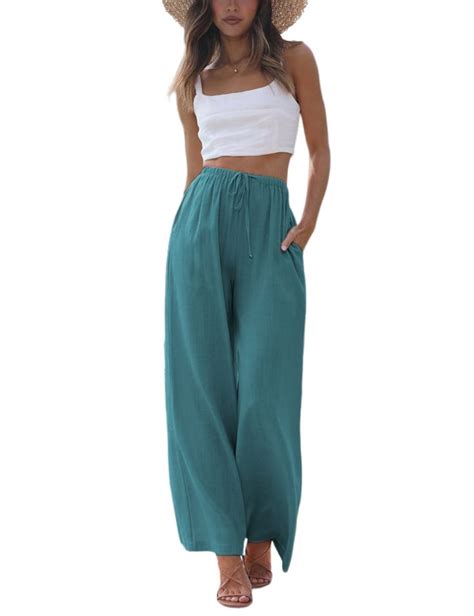 Bianstore Womens Cotton Linen Palazzo Pants Flowy Wide Leg Elastic