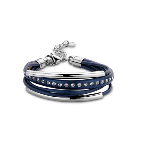 Bracelet Acier Multi Rang Cuir Bleu Cristal Blanc Bracelets Multi