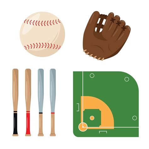 Baseball equipment set. Sport Ball, Bat, Catcher gear and Court for