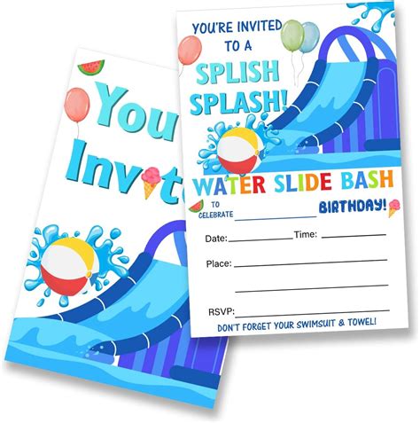 Water Slide Birthday Party Invitations With Envelopes Set