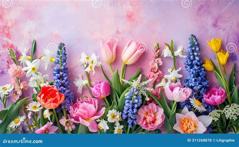 Variation Of Spring Flowers Tulips Narcissus And Hyacinths On Blue