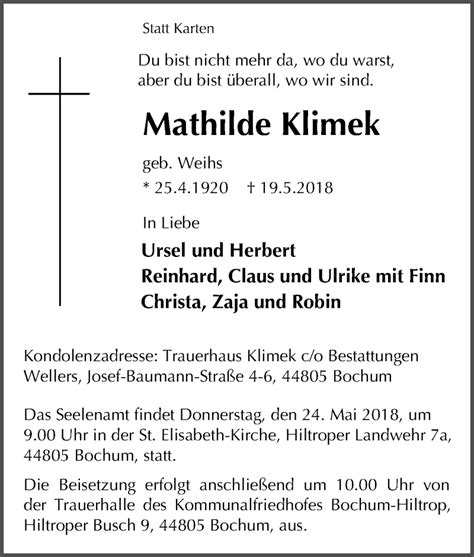 Traueranzeigen Von Mathilde Klimek Trauer In NRW De