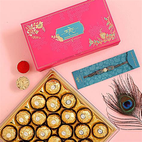 Pearl Stone Traditional Rakhi And 12 Pcs Ferrero Rocher Exp Usa Gift