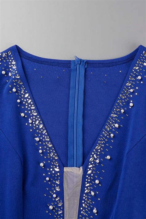 Wholesale Blue Sexy Solid Patchwork See Through Asymmetrical Hot Drill V Neck Regular Rompers