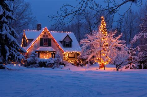 House Covered in Snow with Christmas Lights Stock Image - Image of ...