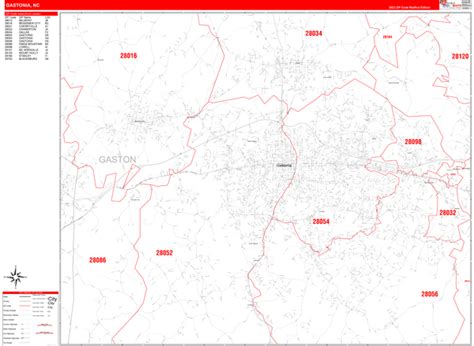 Gastonia North Carolina Zip Code Wall Map (Red Line Style) by ...