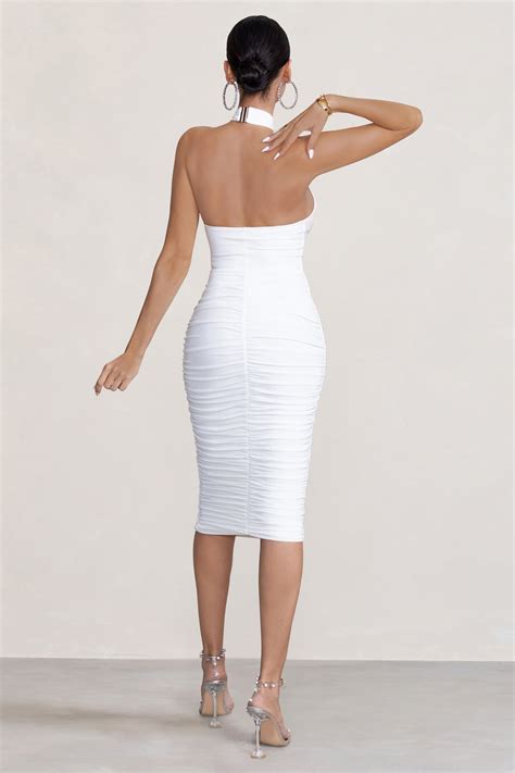 Serendipity White Halter Neck Knot Midi Dress Club L London Uk