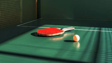 Table Tennis Paddle And Ball On An Indoor Ping Pong Table Concept Of