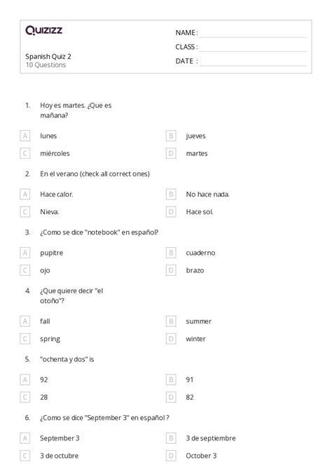 Spanish Worksheets For Th Grade On Quizizz Free Printable