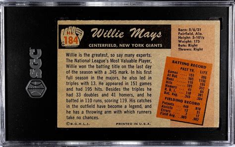 1955 Bowman 184 WILLIE MAYS HOF New York Giants SGC VG EX 4 EBay