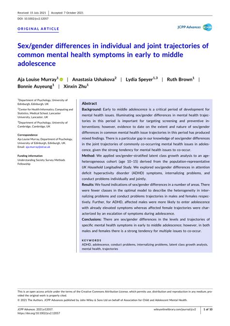 PDF Sex Gender Differences In Individual And Joint Trajectories Of Common Mental Health