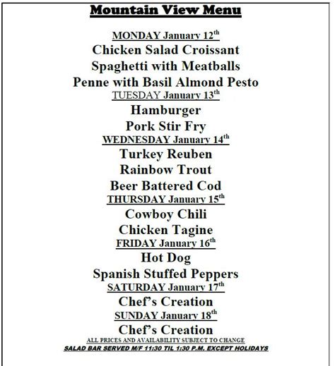 Menu at Mountain View Cafe, Wytheville