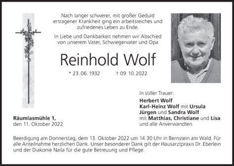 Reinhold Wolf Traueranzeige Trauer InFranken De