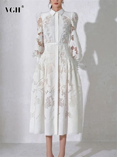 VGH White Lace Embroidery Dresses For Women Stand Collar Long Sleeve