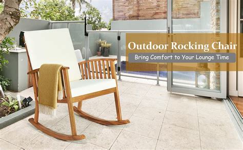 Tangkula Outdoor Acacia Wood Rocking Chair Wooden Rocker W Detachable Washable Cushions Rocker