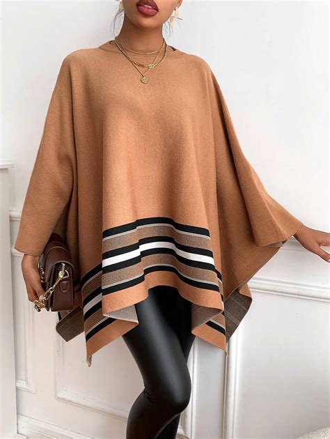 Shein Lune Striped Pattern Batwing Sleeve Asymmetrical Hem Poncho