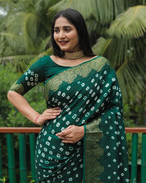 Green Color Hand Bandhej Silk Saree With Zari Weaving Work