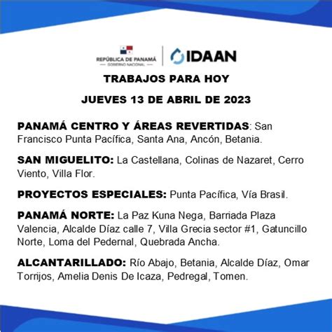 IDAAN On Twitter Metro Trabajos Para Hoy Jueves 13 De Abril De