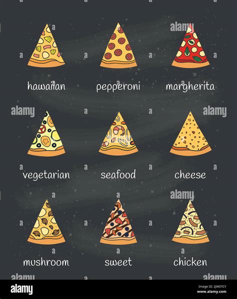 Set Of Different Doodle Colored Pizza Slices Isolated On Chalkboard