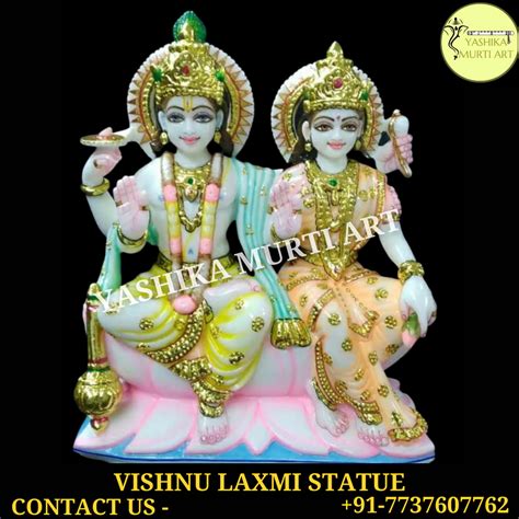 Multicolor Hindu Marble Vishnu Lakshmi Statue For Worship Size 12