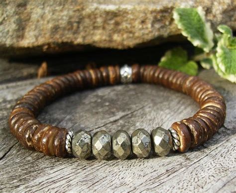 Brown Coconut Shell Bracelet Faceted Pyrite Fools Gold Etsy Shell