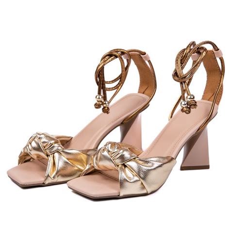 Sandália Feminina Salto Torcido 182137 Napa Nude e Ouro Metalizado DROPSHIPPING GRIFFE SHOES