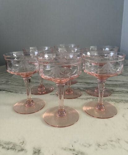 Vintage Pink Depression Champagne Coupe Etched Floral Glass Set Of 7 Glasses 3926765481