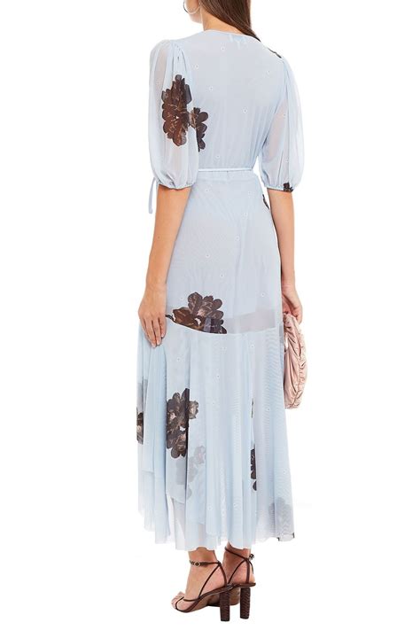 Ganni Tiered Floral Print Stretch Mesh Midi Wrap Dress The Outnet