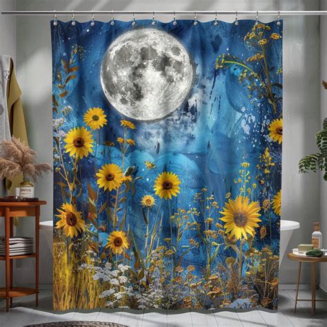 Sunflower Field Moonlight Shower Curtain Vibrant Yellow And Blue