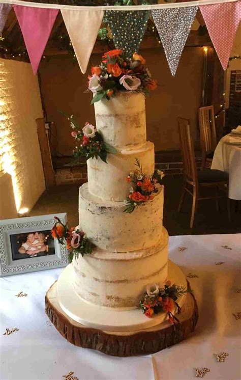 Tier Semi Naked Wedding Cake Decorated With Fresh Flowers In Autumnal Colours Autumn Wedding