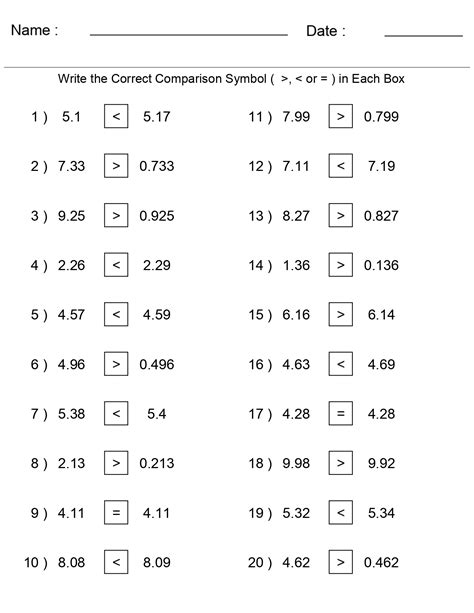 Greater Than Less Than Comparing Decimal Numbers Worksheets Made By Teachers